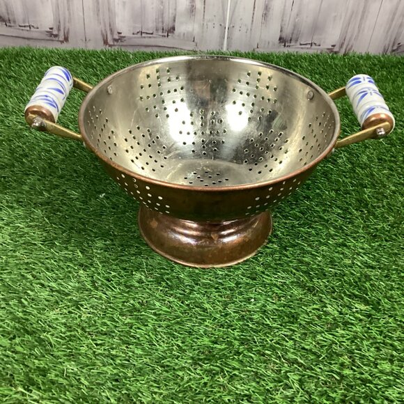 Vintage Copper Colander Tin Lined Porcelain Handles - Picture 11 of 15